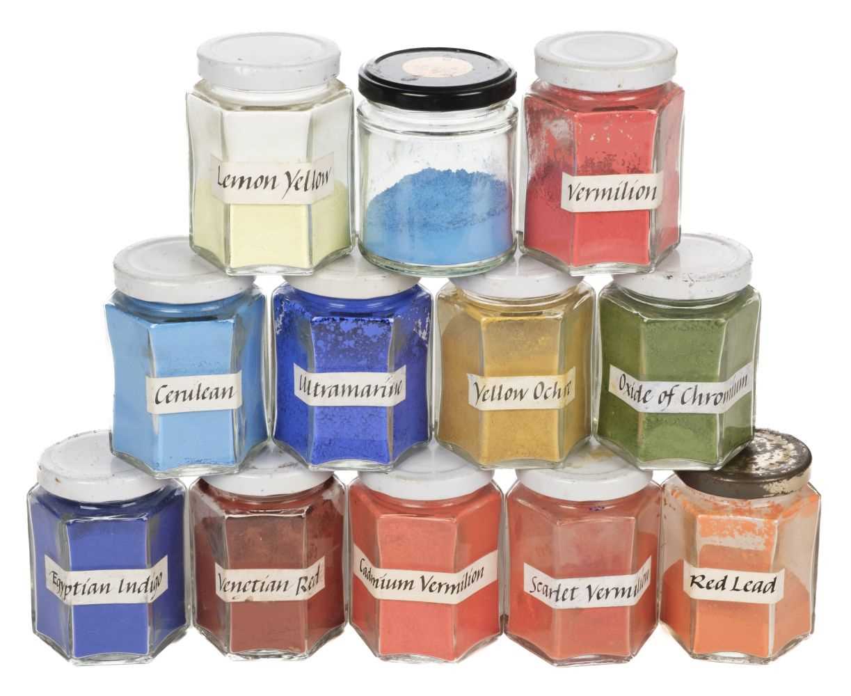 Lot 497 - Pigment powders. A collection of 12 pigment powders and related accessories