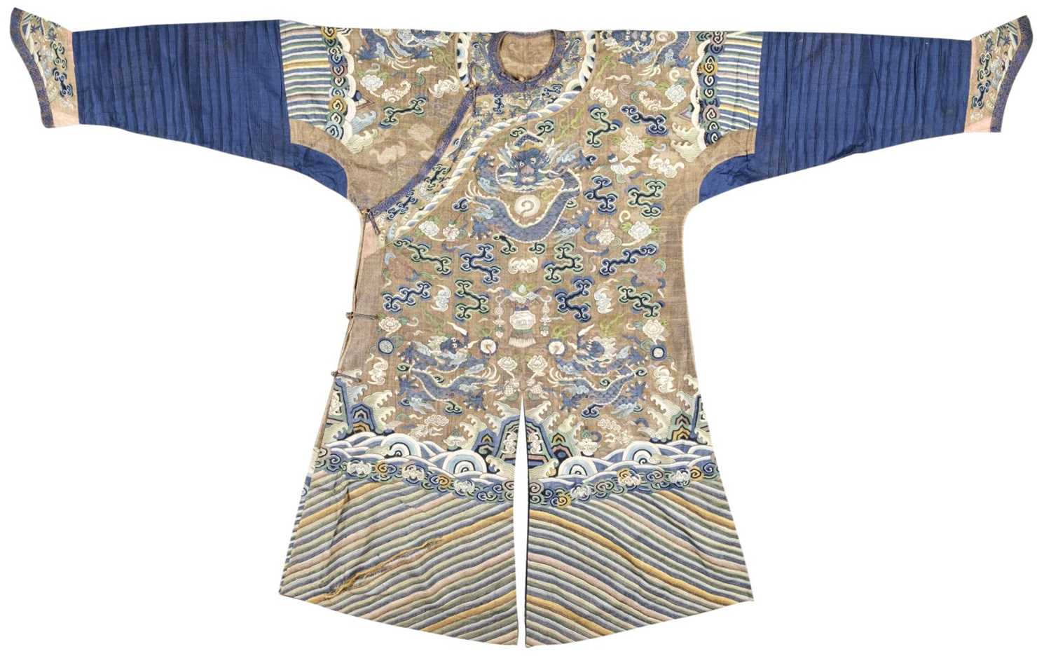 Lot 141 - Chinese Dragon Robe. A kesi silk nine-dragon robe, late Qing Dynasty