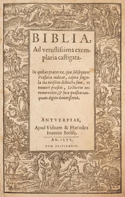 Lot 276 - Bible [Latin]. Biblia, Ad vetustissima exemplaria castigata..., Antwerp, 1572