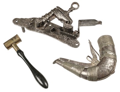 Lot 328 - Gun lock. An 18th century steel snaphaunce lock and other items