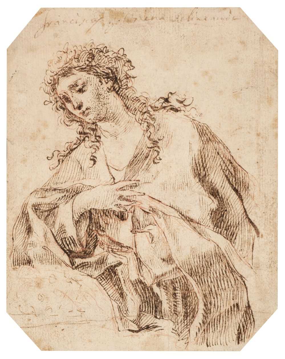 Lot 235 - Reni, Guido, Attributed to, Study of Abigail, drawing in pen and brown ink over red crayon