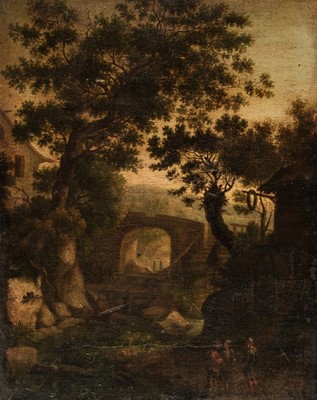 Lot 256 - Dutch Italianate School, Landscape with figures and a bridge