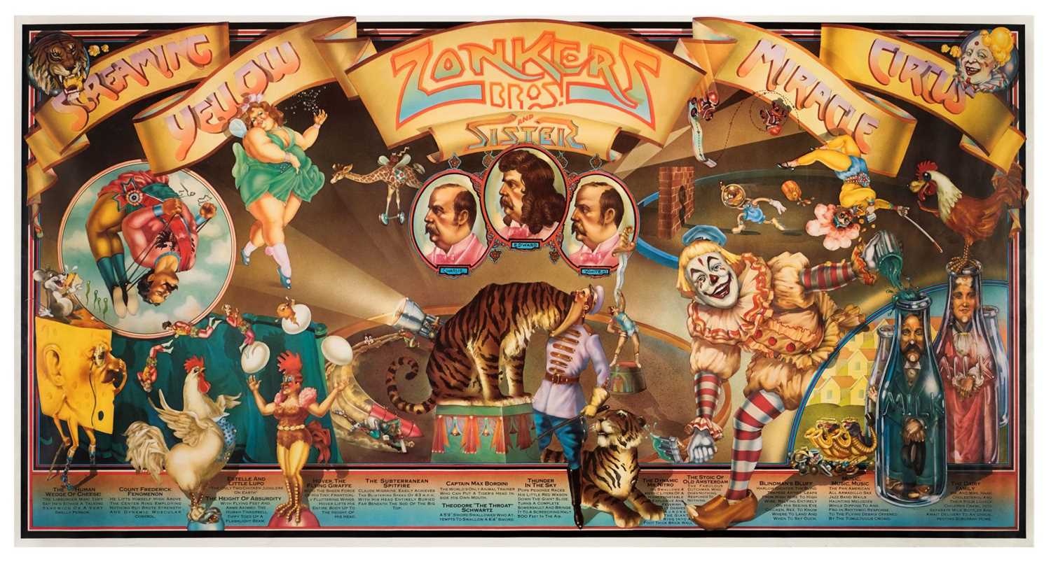 Lot 413 - Popcorn Advertising Poster. Zonkers Bros. and Sister - Screaming Yellow Miracle Circus