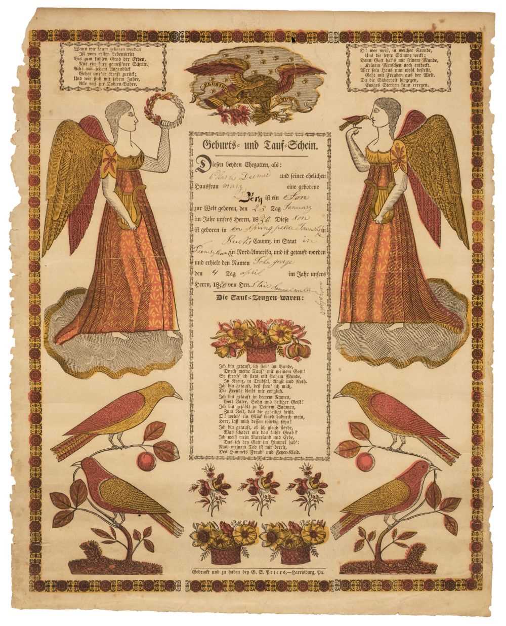 Lot 115 - Taufschein Fraktur. A pair of Pennsylvania birth and baptismal broadsides