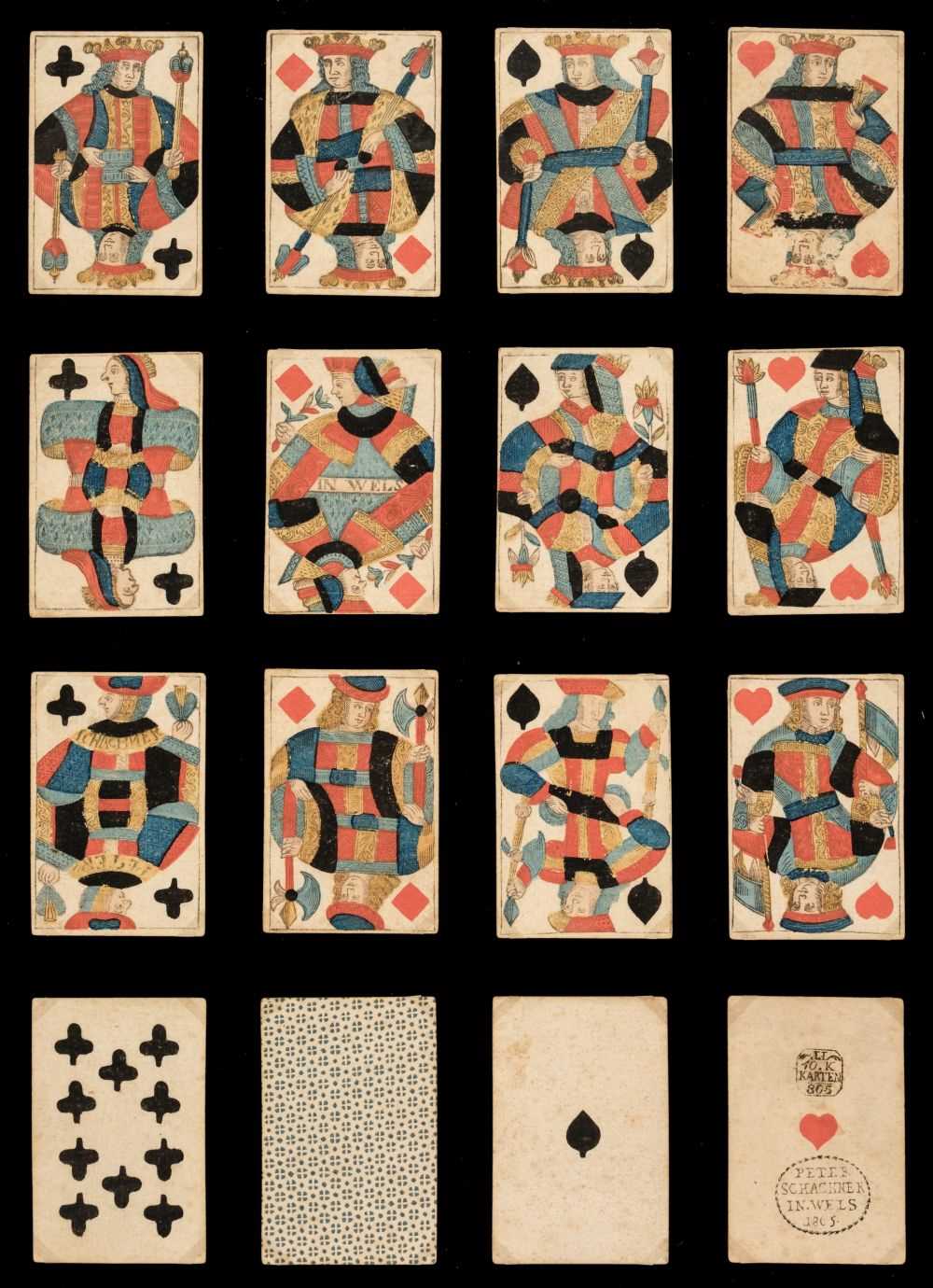 Lot 509 - Austrian playing cards. A deck of Vienna Pattern playing cards, Wels, Austria: Peter Schachner, 1805