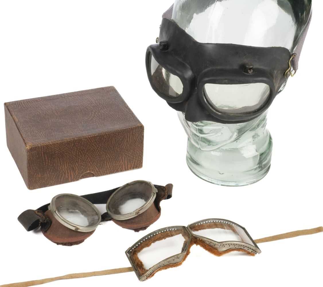 Lot 205 - Flying Goggles. Three pairs including French flying goggles circa 1920