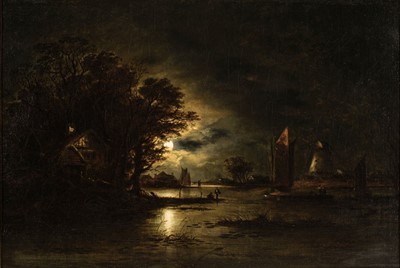 Lot 216 - Crome (John Berney, 1794-1842). A Moonlit River Scene, oil on canvas, signed