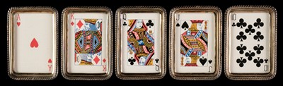 Lot 495 - Playing card trays. Five silver playing card trays, James Fenton & Co, 1936