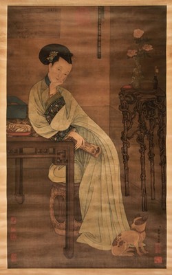 Lot 163 - Japanese Scroll. Portrait of a woman with a dog, early 20th century