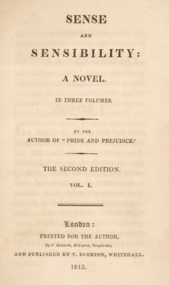 Lot 340 - Austen (Jane). Sense and Sensibility: A Novel... By the Author of "Pride and Prejudice." 1813