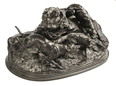 Lot 413 - After Pierre-Jules Mené (1810-1879). A bronze sculpture modelled as two dogs hunting a fox