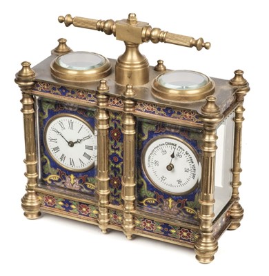 Lot 14 - Carriage Clock. A French 19th century cloisonné enamel carriage clock and barometer compendium