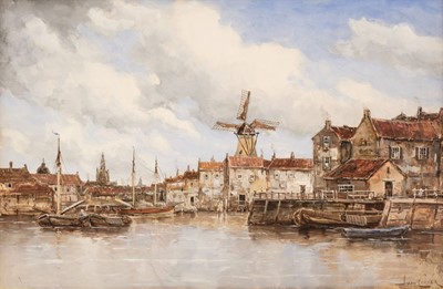 Lot 403 - Couver (Jan van, 1864-1910). A Dutch Harbour Scene with Boats and a Windmill