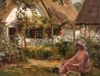 Lot 244 - British Impressionist School. Girl in a Cottage Garden, late 19th century, oil on board