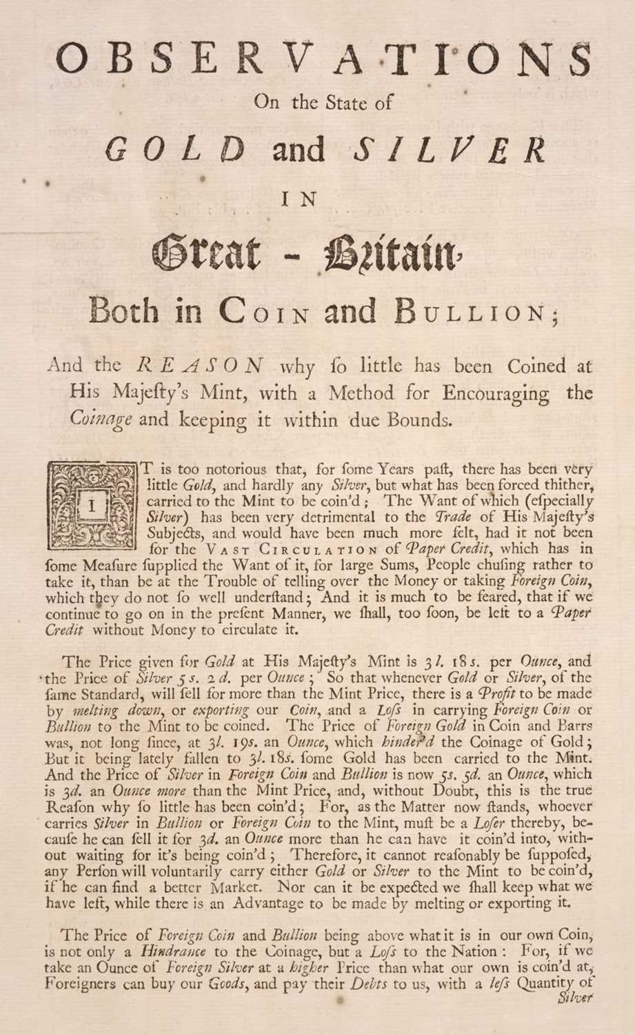 Lot 331 - Economics. Observations on the state of gold and silver in Great-Britain, both in coin and bullion, [1730]