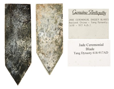 Lot 127 - Jade. Two Chinese jade ceremonial dagger blades, Tang Dynasty (618-917 AD)