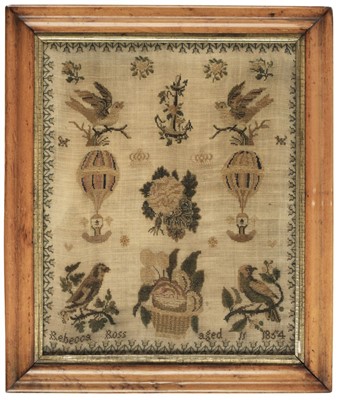 Lot 181 - Sampler. An unusual sampler depicting hot air balloons, by Rebecca Ross, 1854