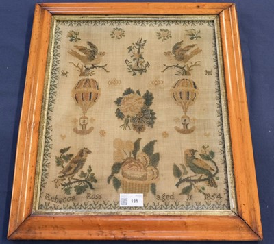 Lot 181 - Sampler. An unusual sampler depicting hot air balloons, by Rebecca Ross, 1854