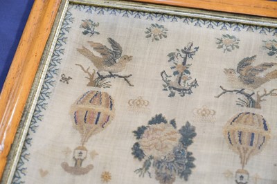 Lot 181 - Sampler. An unusual sampler depicting hot air balloons, by Rebecca Ross, 1854
