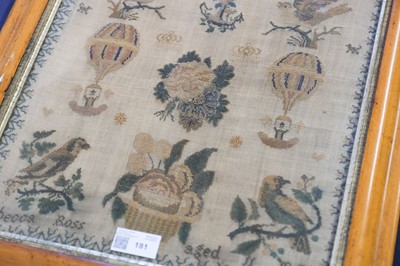 Lot 181 - Sampler. An unusual sampler depicting hot air balloons, by Rebecca Ross, 1854