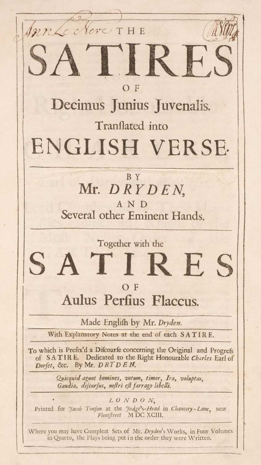 Lot 325 - Dryden (John, translator). The Satires of Decimus Junius Juvenalis, 1st edition, 1693