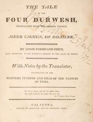Lot 75 - Smith (Lewis Ferdinand). The Tale of the Four Durwesh, Calcutta: Greenway and Co, [1811]