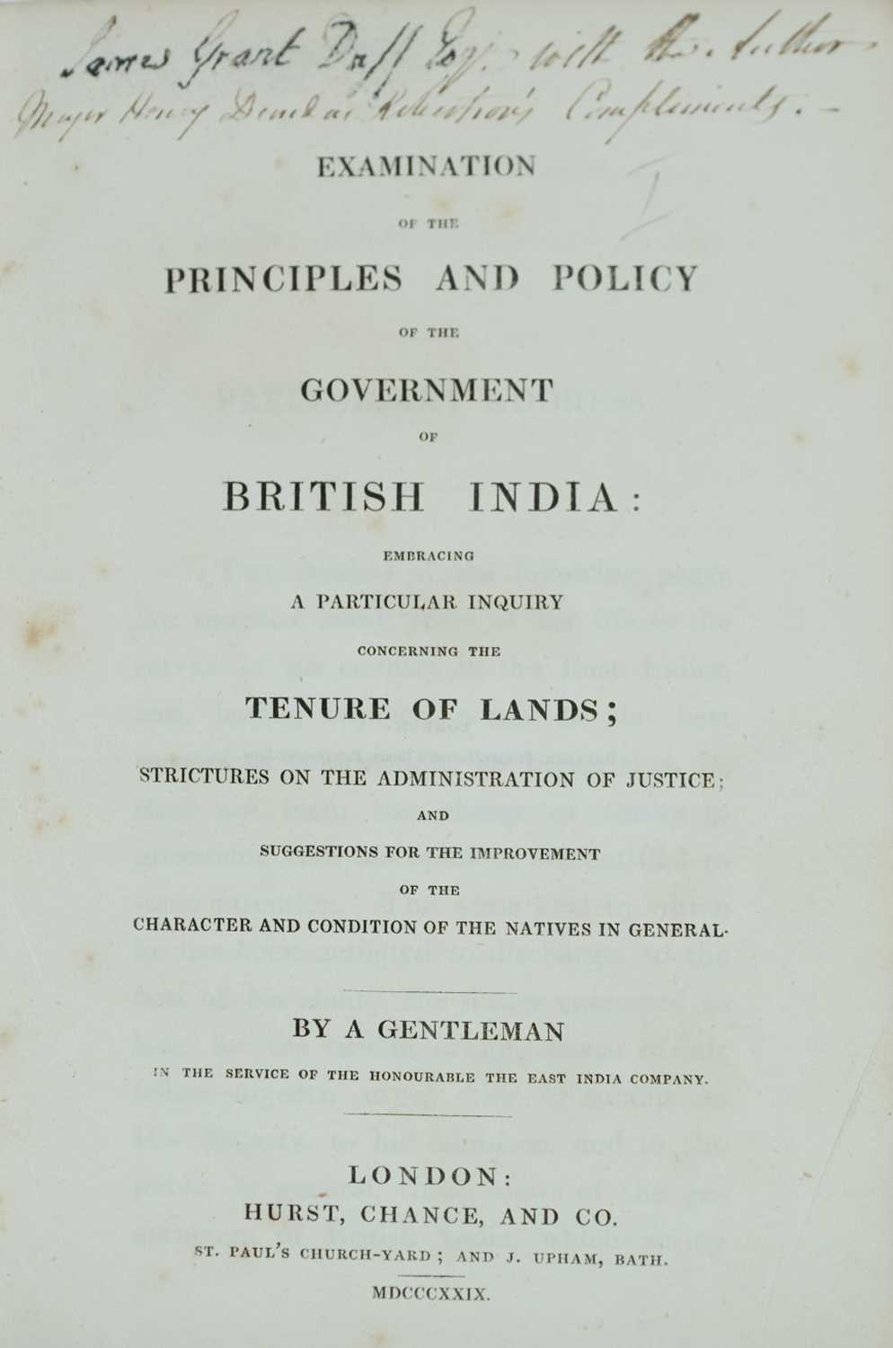 Lot 67 - Robertson (Henry). Examination of the Principles and Policy of the Government of British India, 1829