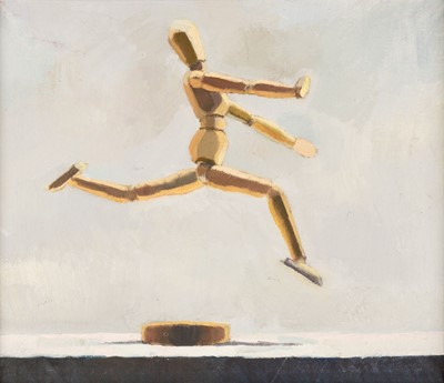 Lot 368 - Cadogan (Nancy, born 1979). Leaping Artist's Mannequn, 2002, oil on linen, signed