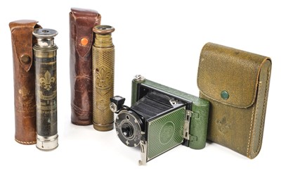 Lot 320 - Scouting. A Kodak Boy Scout folding camera plus two telescopes