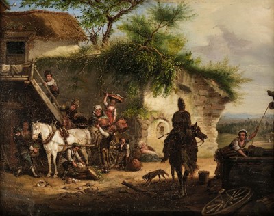Lot 3 - Manner of Philips Wouverman (1619-1668). Two Rustic Scenes with Peasant Folk, oil on panel