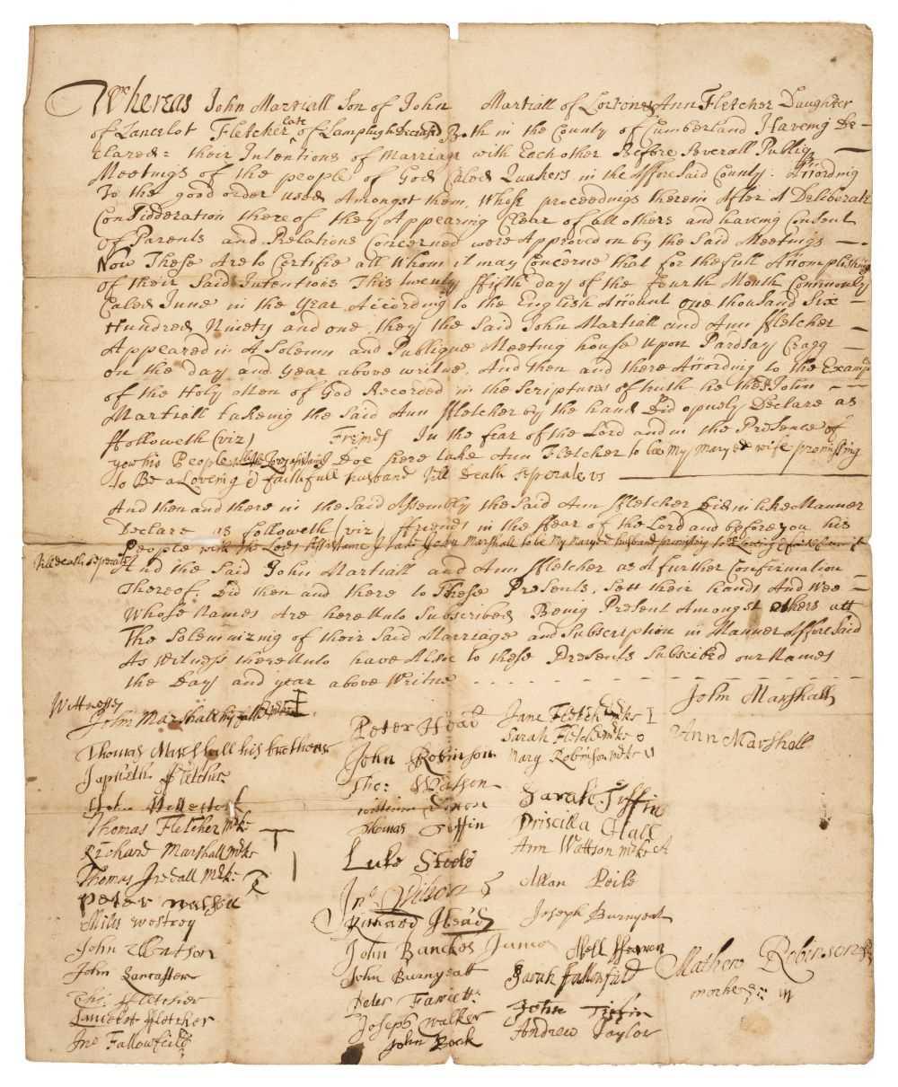 Lot 414 - Quaker Marriage Certificate. Manuscript marriage certificate of John Martiall & Ann Fletcher, 1691