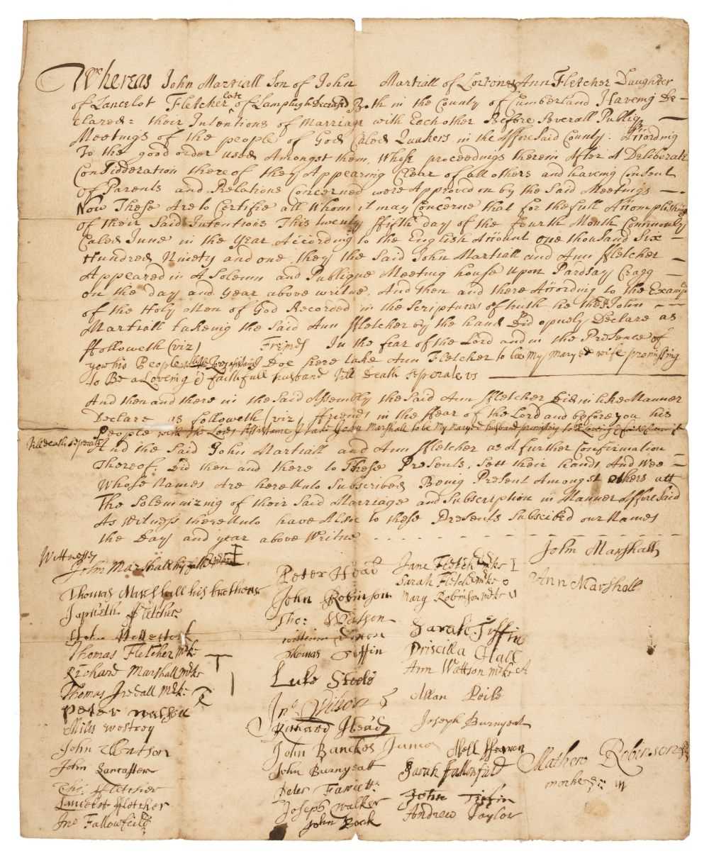 Lot 414 - Quaker Marriage Certificate. Manuscript Lot 414 - Quaker Marriage Certificate. Manuscript