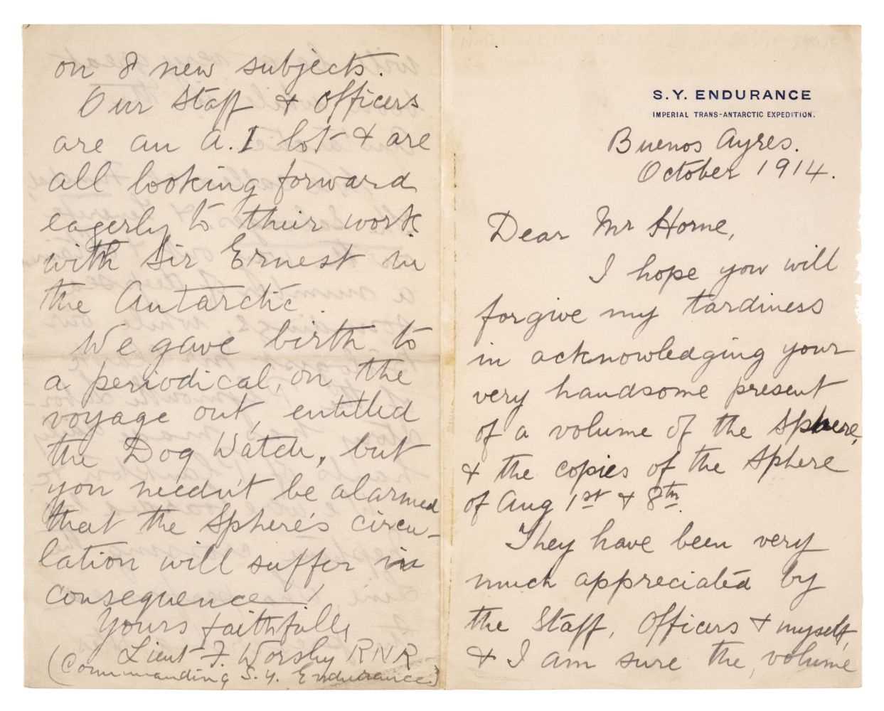 Lot 376 - Worsley (Frank, 1872-1943). Autograph Letter Signed, 'Lieut F. Worsley RNR / (Commanding S.Y. Endurance)'