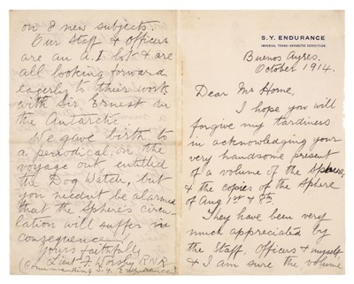 Lot 376 - Worsley (Frank, 1872-1943). Autograph Letter Signed, 'Lieut F. Worsley RNR / (Commanding S.Y. Endurance)'