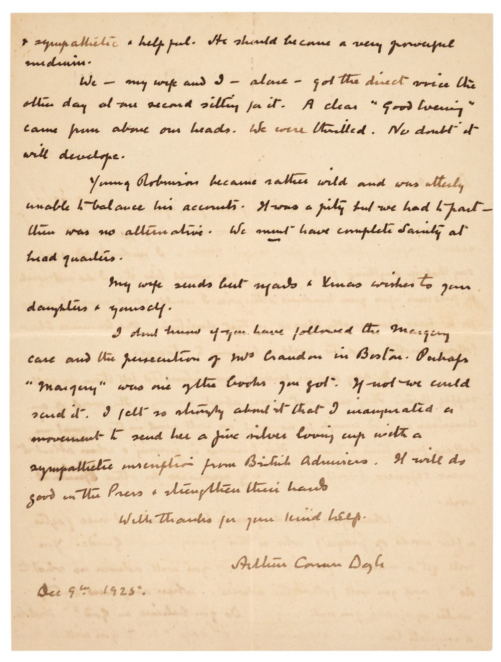 Doyle (Arthur Conan, 1859-1930). Autograph Letter Signed, 1925