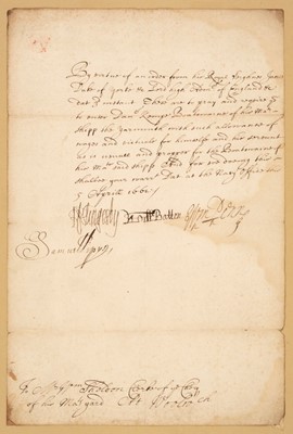 Lot 359 - Pepys (Samuel, 1633-1703). Document Signed, 1661