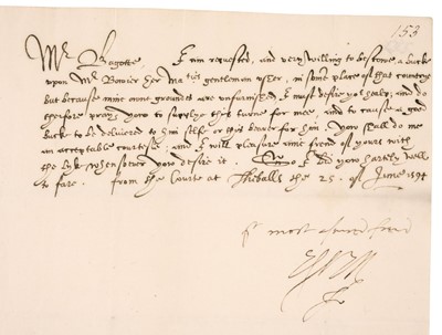 Lot 208 - Devereux (Robert, 2nd earl of Essex, 1565–1601). Letter Signed, 1594