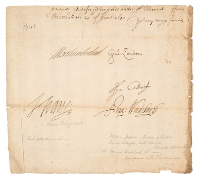 Lot 210 - Juxon (William, 1582-1663). Document Signed, ‘Guil: London’, Whitehall, 24 June 1640
