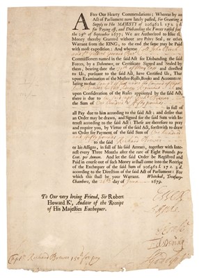 Lot 212 - Capel (Arthur, 1632-1683). Document Signed, ‘Essex’, 1679