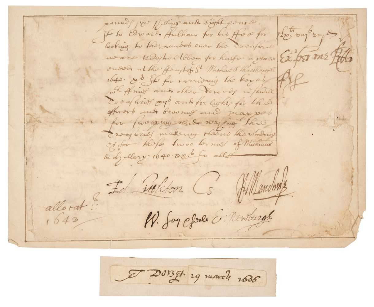 Lot 211 - Fiennes (William, 1582-1662). Document Signed, ‘W. Say & Seale’, 1642