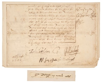 Lot 211 - Fiennes (William, 1582-1662). Document Signed, ‘W. Say & Seale’, 1642