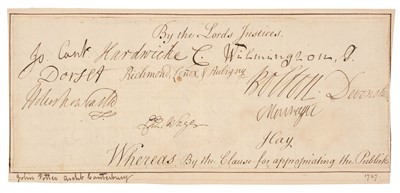 Lot 218 - Compton (Spencer, c. 1674-1743). . Document Signed, ‘Wilmington, P.’ and ’Holles Newcastle’, 1742