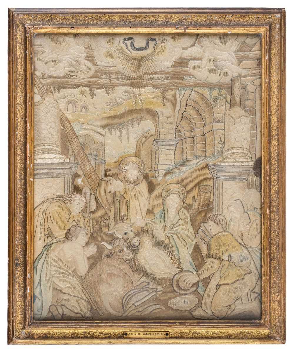 Lot 612 - Embroidered picture. Adoration of the Shepherds, Flemish, possibly 17th century