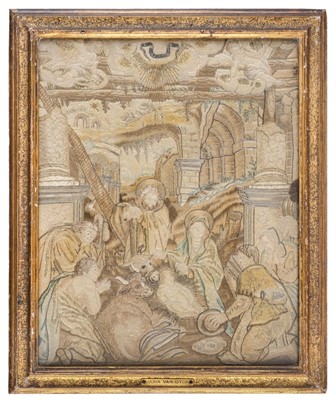 Lot 612 - Embroidered picture. Adoration of the Shepherds, Flemish, possibly 17th century