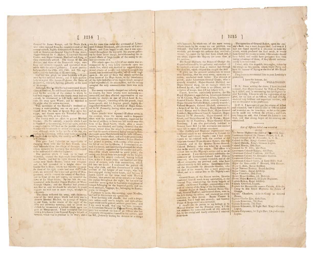 Lot 299 - Waterloo. The London Gazette Extraordinary, Thursday, June 22, 1815