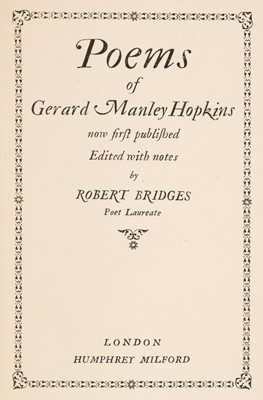 Lot 892 - Hopkins (Gerard Manley). Poems..., edited with notes by Robert Bridges, 1st ed. 1918