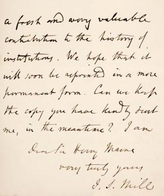 Lot 351 - Mill (John Stuart, 1806-1873).  Autograph Letter Signed, 1873