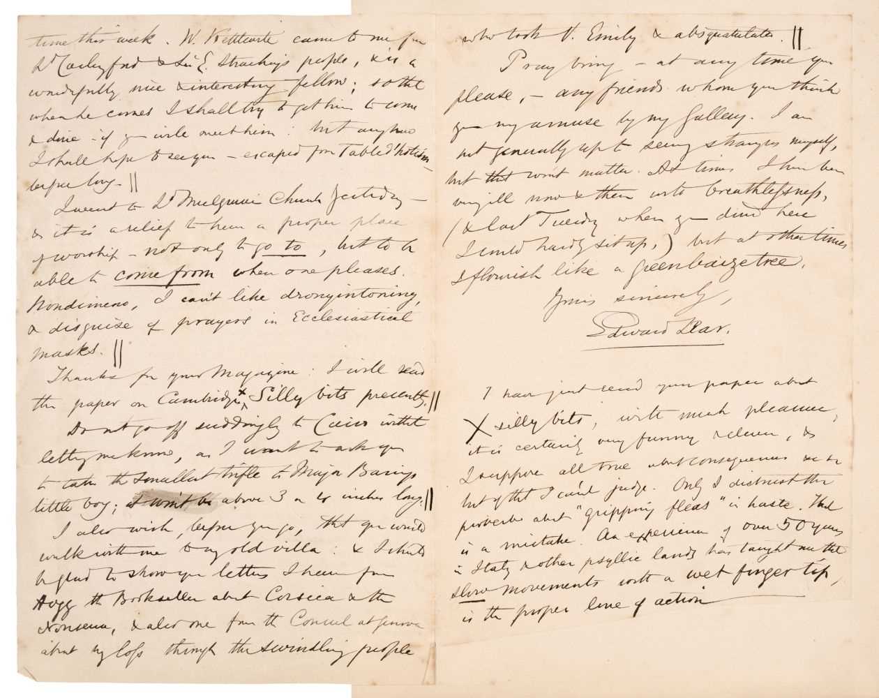 Lot 344 - Lear (Edward, 1812-1888). A lengthy Autograph Letter Signed, c. 1884