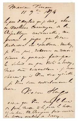 Lot 342 - Hugo (Victor-Marie, 1802-1885). Autograph Letter Signed, 1874