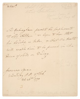 Lot 226 - Watson-Wentworth (Charles, 1730-1782). Autograph Letter Signed, 28 February 1770